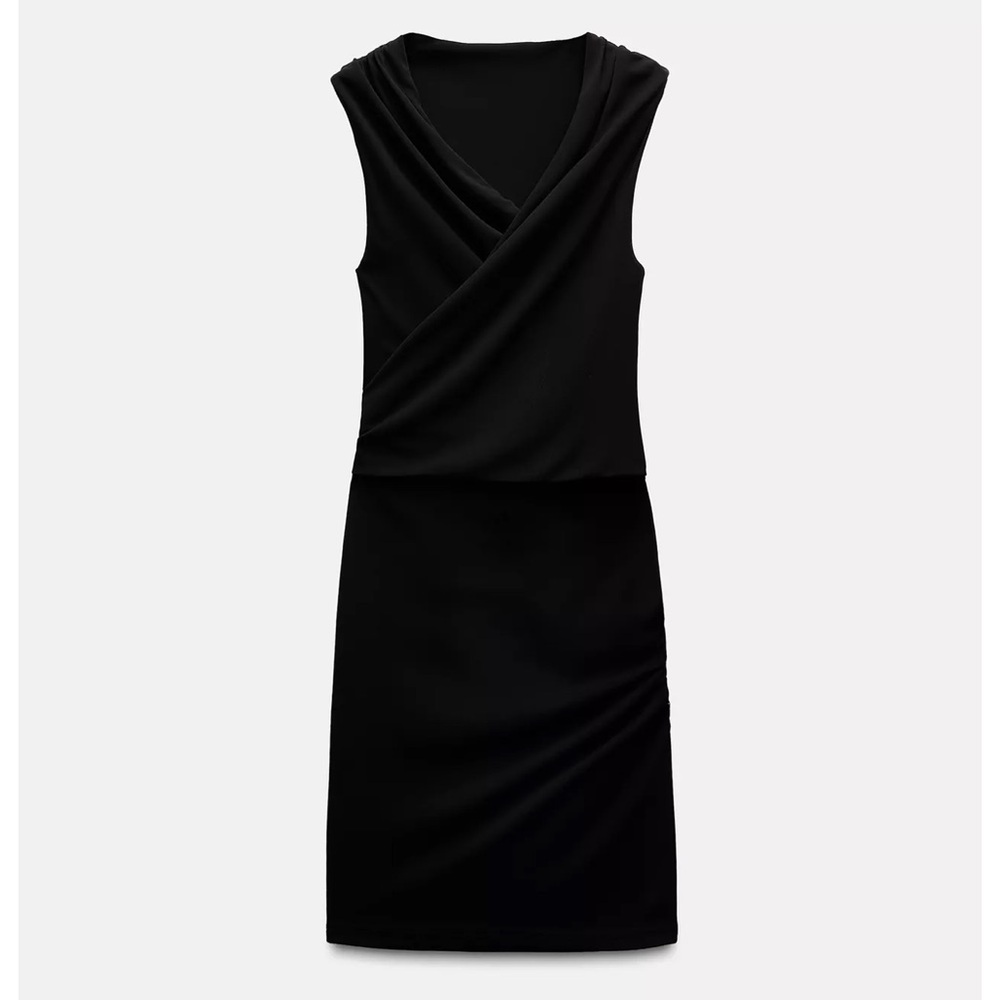 ZARA Black Ruched Cocktail Dress Rhinestone Belt Glam Party Dress - Picture 6 of 14